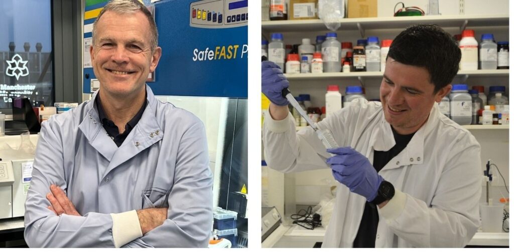 Two images side by side of researchers in a lab enviroment. The one on the left is smiling towards the camera, the one on the right is holding a pippette.,